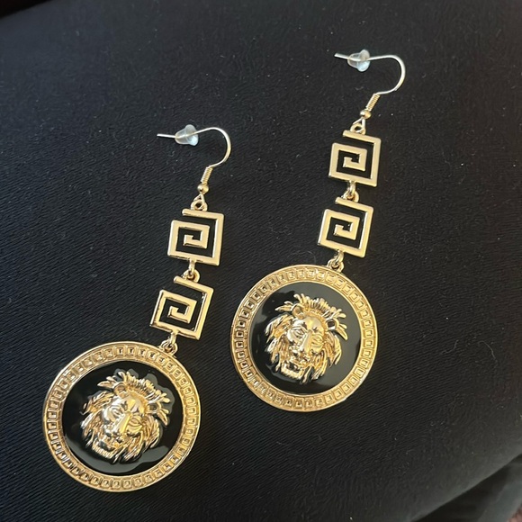 Unbranded Jewelry - Large Lion Head Greek Key Yellow Gold-tone Greek Key Dangle Earrings NEW